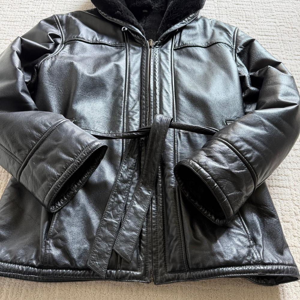 Wilsons Leather Hooded Jacket Womens Large Black Faux Fur Lined Belted Coat - Picture 3 of 13